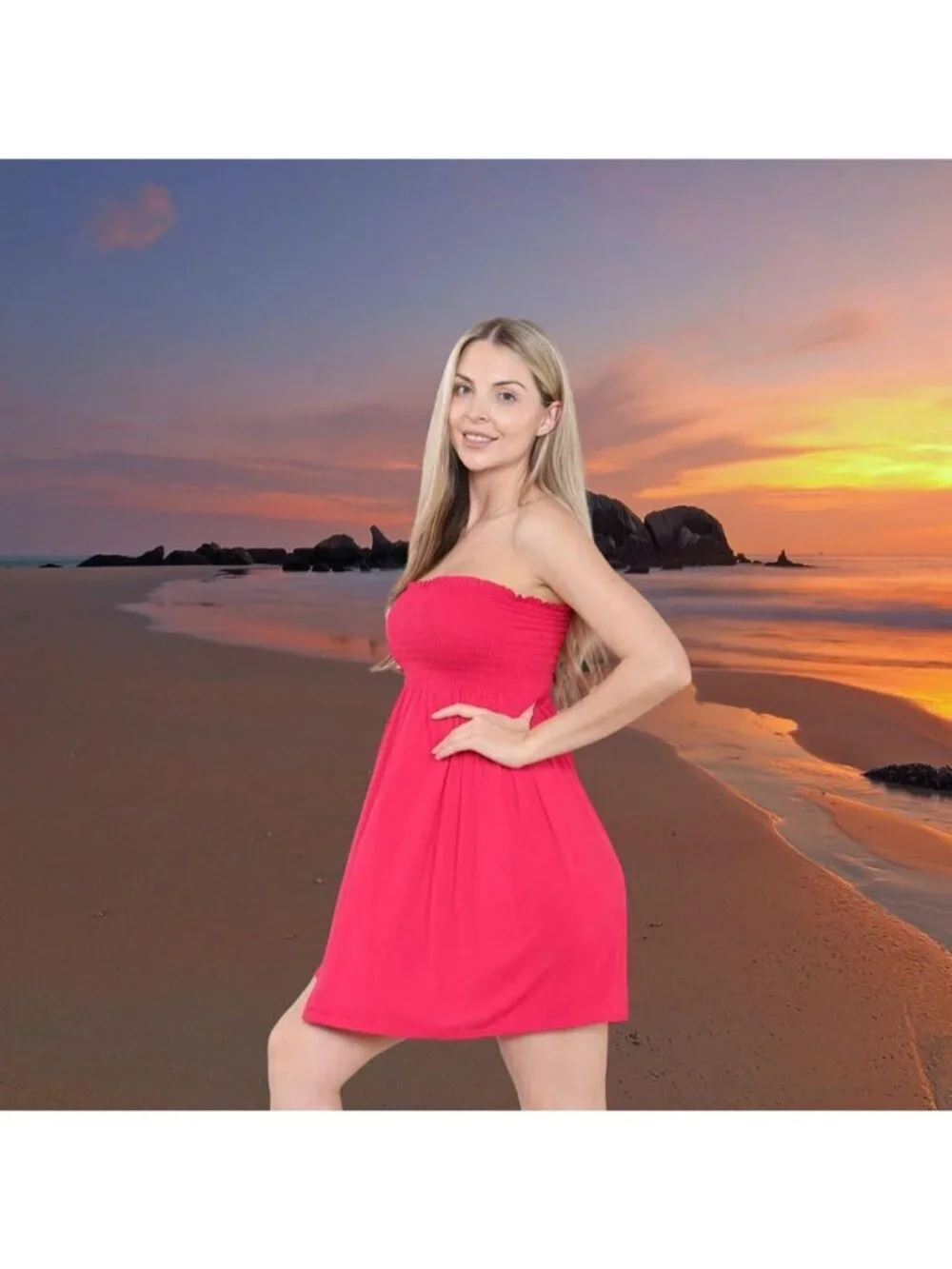 Women's Cerise Sun Strapless Tube Short Beach Summer Dresses Casual Mini Dress